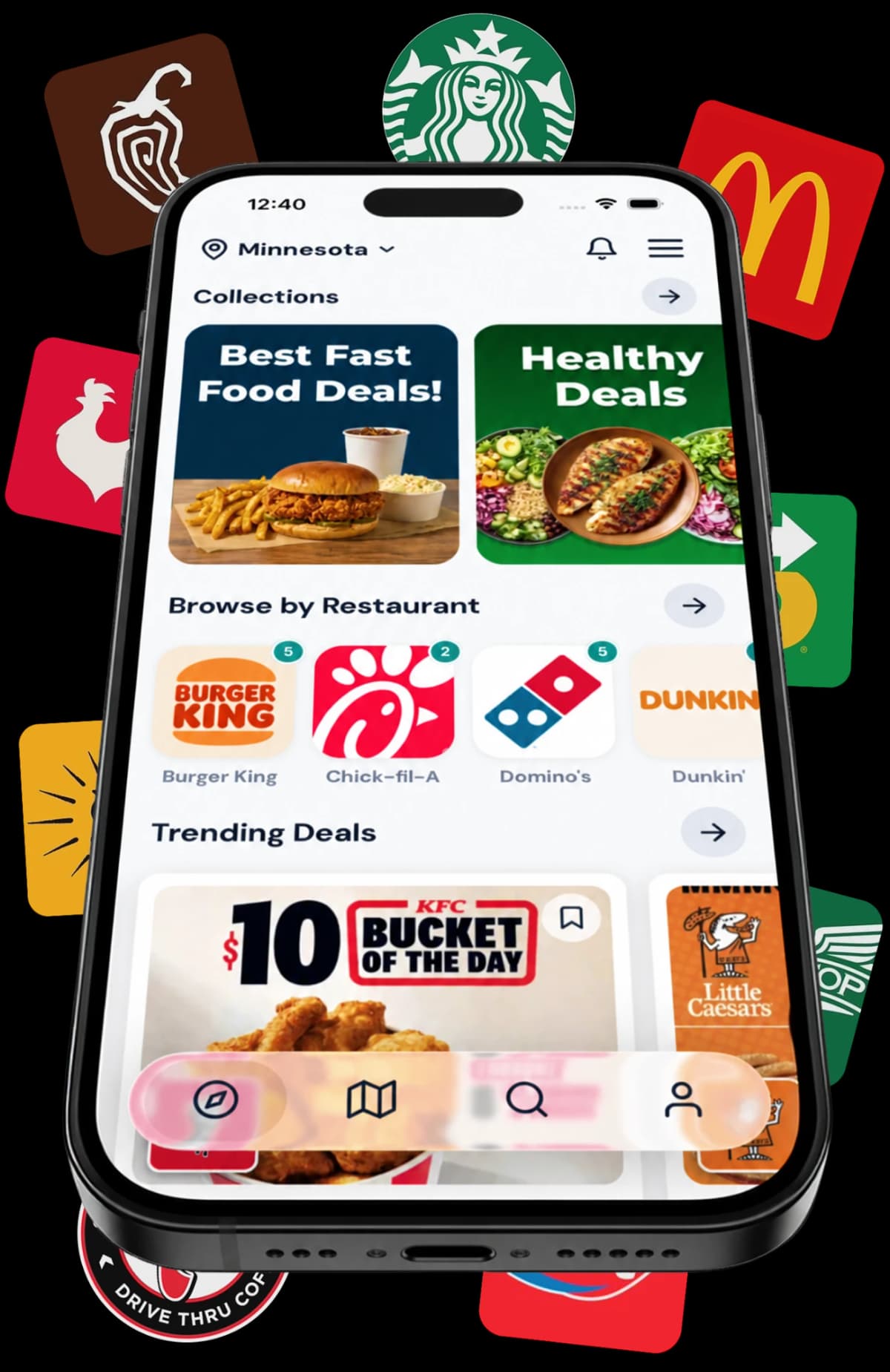 The DealsonMeals app showing deal collections, restaurants, and trending deals