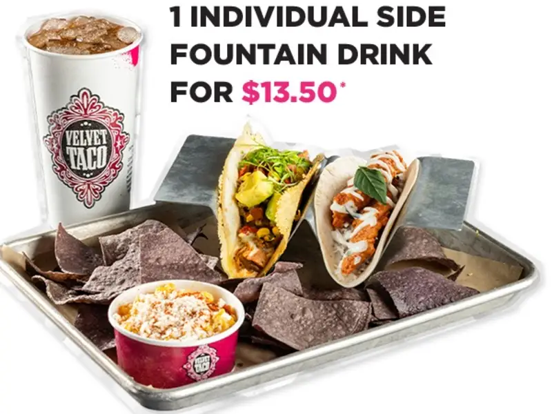 Build Your Velvet Combo: 2 Tacos, Side & Drink for $13.50
