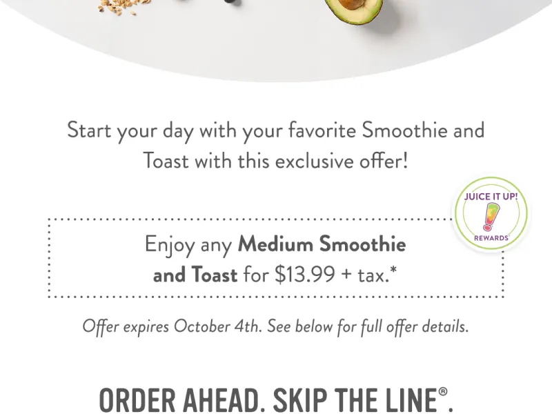 Medium Smoothie & Toast Combo for $13.99